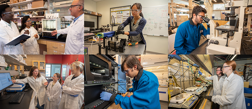 collage of 6 photos of students and faculty doing research in labs