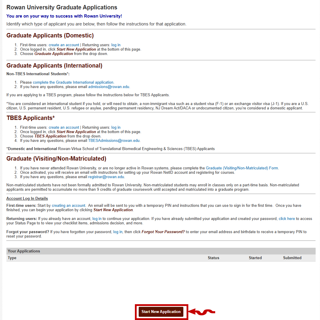 This is a copy of the application page and it has a red square around the Start New Application button, which is what you should select