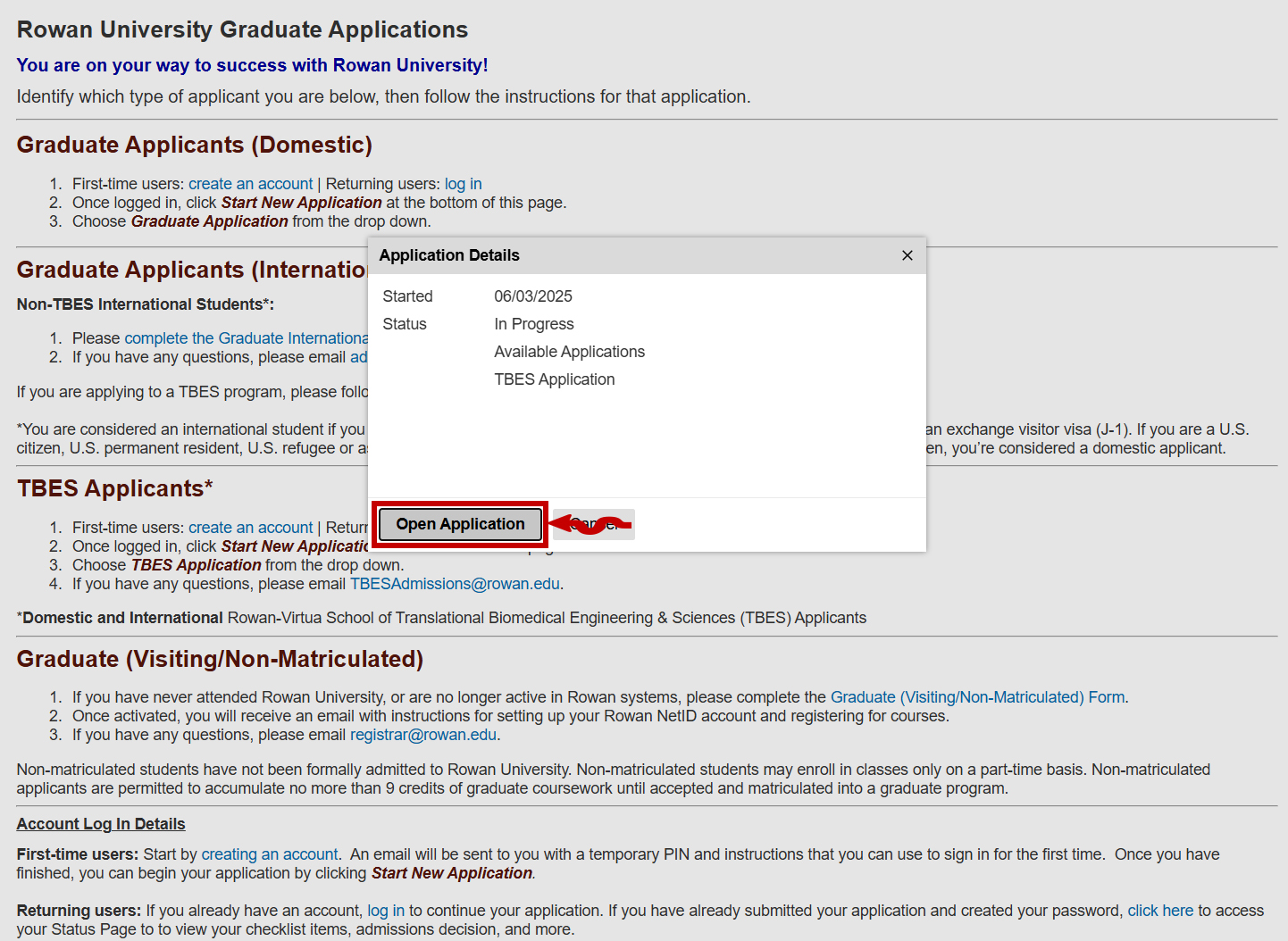 this is a copy of the application and has a red square around the Open Application button, which you can click once you've created your application