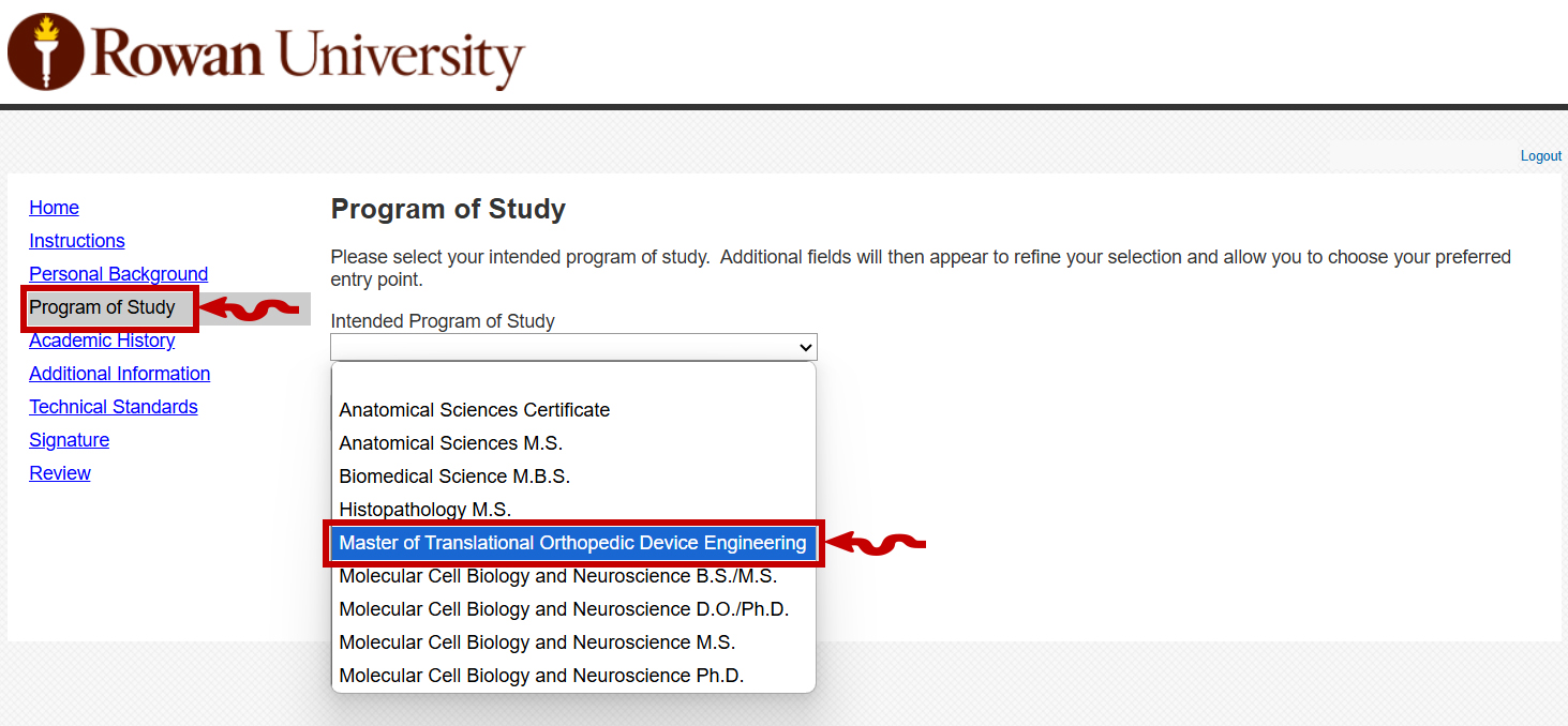 this is a copy of the application and has a red square around Program of Study, which you select to see the dropdown menu. The dropdown menu is displayed with a red square around Master of Translational Orthopedic Device Engineering