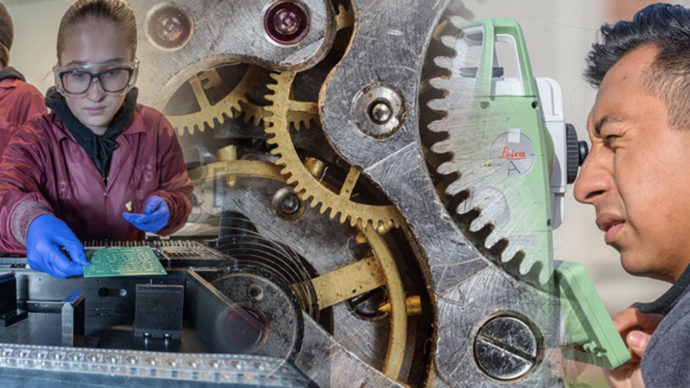 blended photo of student using survey tool, mechanical equipment, and electrical equipment