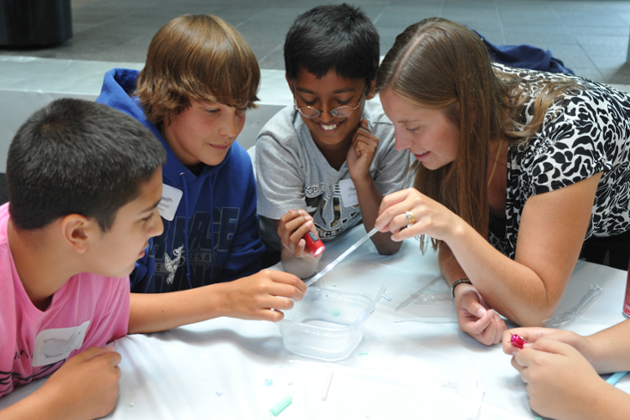 students working under faculty guidance on stem project