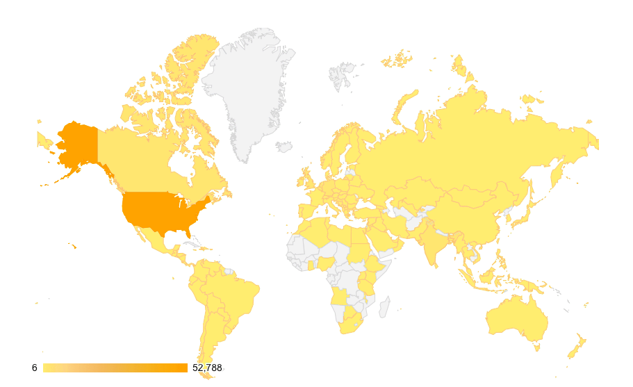 Heat map of the countries around the world where the Rowan 3D-printed face mask website was visited or the design was downloaded. 