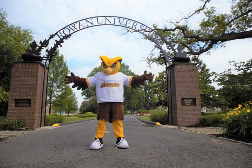 mascot outside Rowan entrance